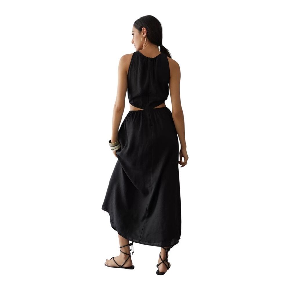 NWT Faithfull The Brand Maxi Dress Size L Black El Toro Cutout Linen Knot Front - Picture 3 of 10